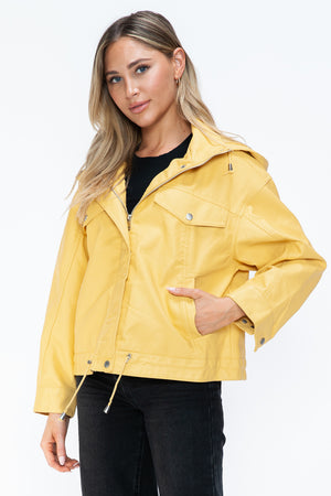 How Dare U Drawstring Hem PU Leather Zip Up Jacket - Teresa's Fashionista LLC