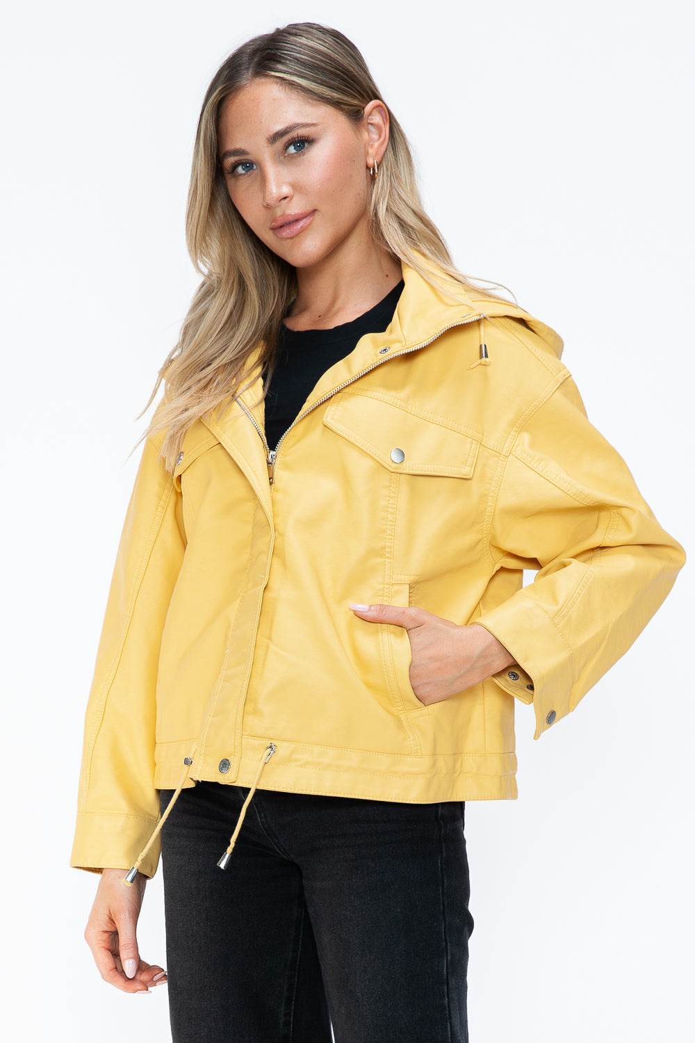 How Dare U Drawstring Hem PU Leather Zip Up Jacket - Teresa's Fashionista LLC