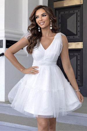 V-Neck Shoulder Detail Mesh Dress-Teresa's Fashionista LLC