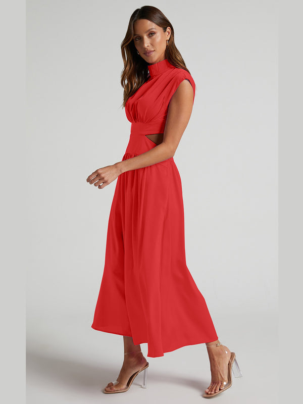 Cutout Mock Neck Sleeveless Ruched Dress-Teresa's Fashionista LLC