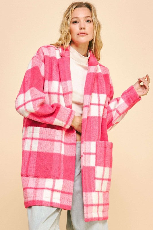 Davi & Dani Plaid Open Front Drop Shoulder Longline Coat - Teresa's Fashionista LLC