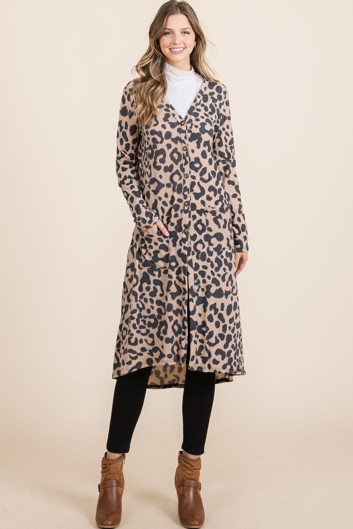 Celeste Full Size Leopard V-Neck Long Sleeve Cardigan - Teresa's Fashionista LLC