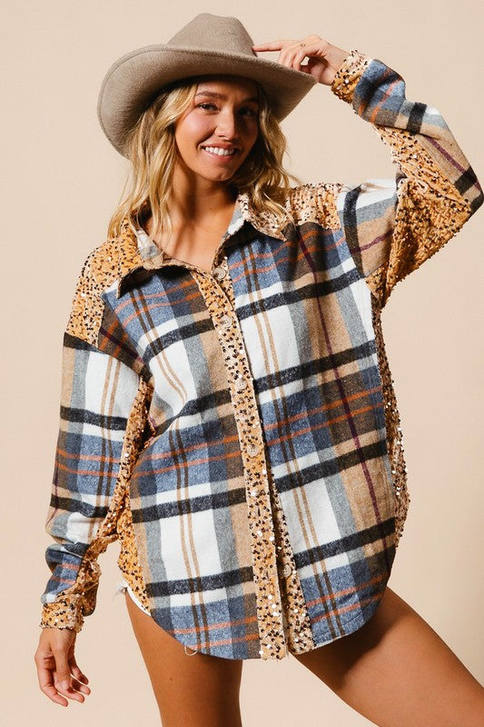 BiBi Curved Hem Sequin Plaid Button Up Shacket - Teresa's Fashionista LLC
