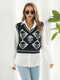 Skull Contrast V-Neck Sweater Vest - Teresa's Fashionista LLC