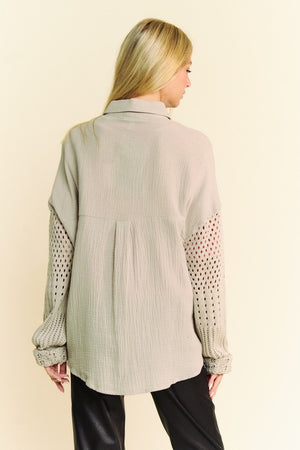 Davi & Dani Crochet Sleeve Crinkled Texture Shirt - Teresa's Fashionista LLC