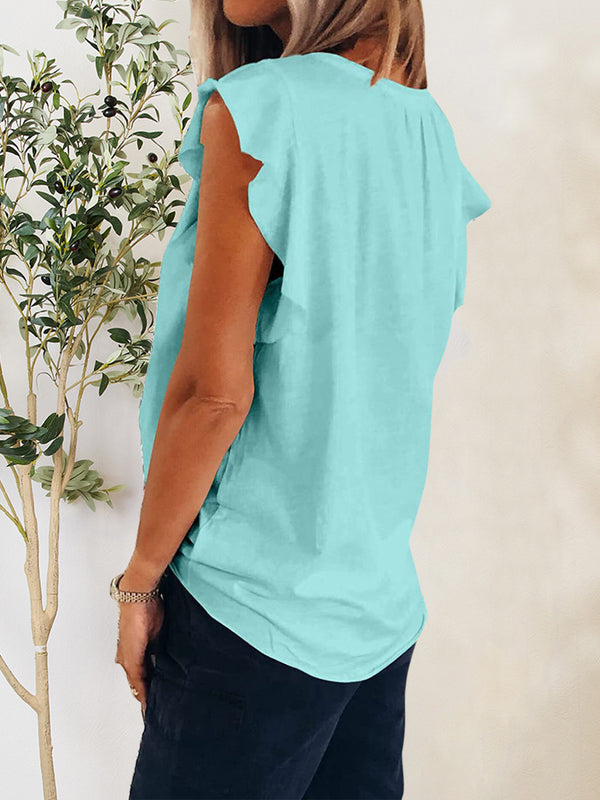 Ruffled Notched Cap Sleeve T-Shirt-Teresa's Fashionista LLC