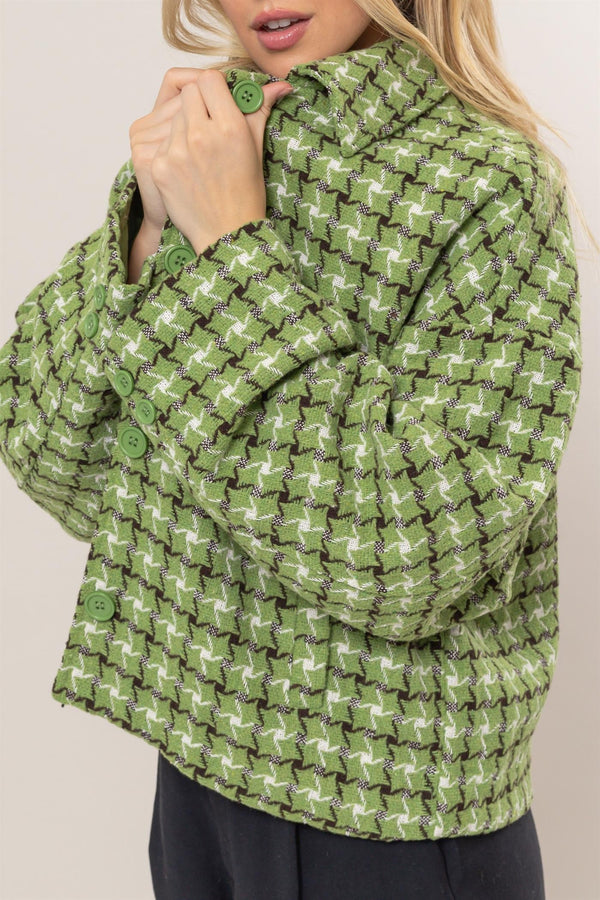 HYFVE Tweed Plaid Button Up Collared Neck Jacket - Teresa's Fashionista LLC
