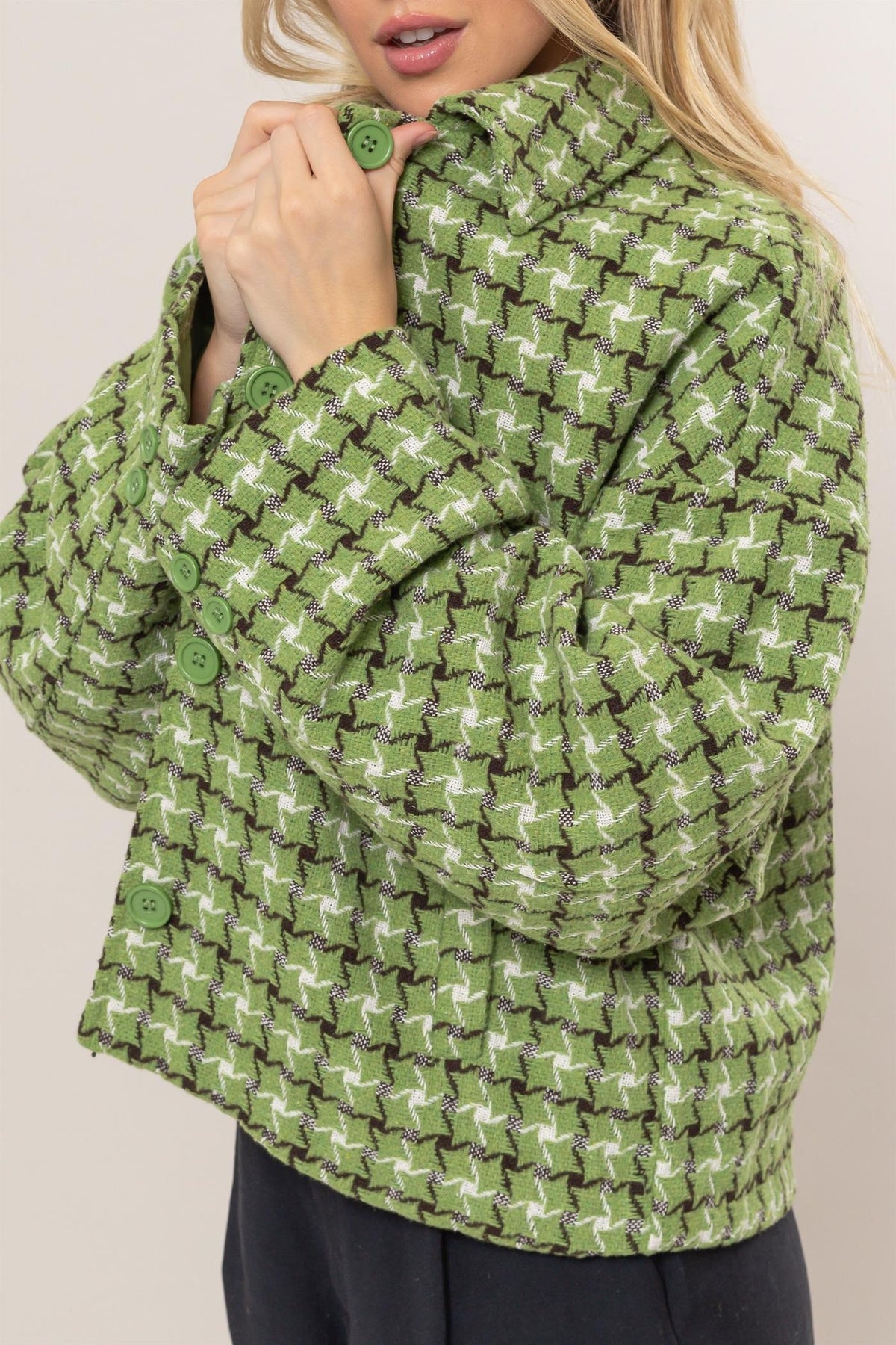 HYFVE Tweed Plaid Button Up Collared Neck Jacket - Teresa's Fashionista LLC