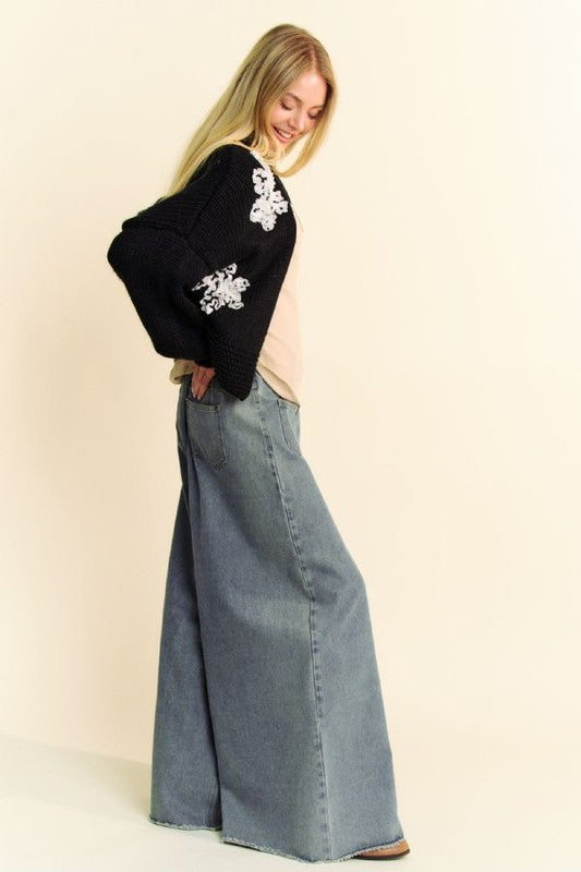 Davi & Dani Floral Applique Open Front Dropped Shoulder Cardigan - Teresa's Fashionista LLC