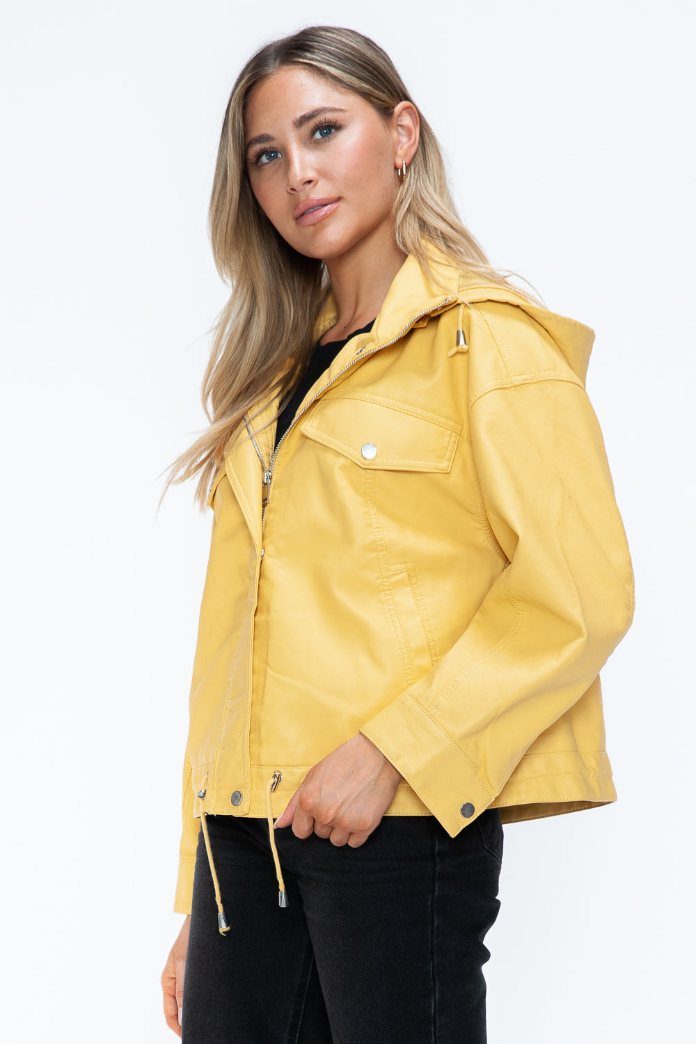 How Dare U Drawstring Hem PU Leather Zip Up Jacket - Teresa's Fashionista LLC