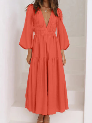 Deep V-Neck Balloon Sleeve Plain Maxi Dress-Teresa's Fashionista LLC