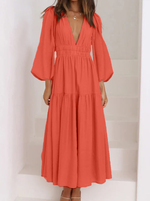 Deep V-Neck Balloon Sleeve Plain Maxi Dress-Teresa's Fashionista LLC