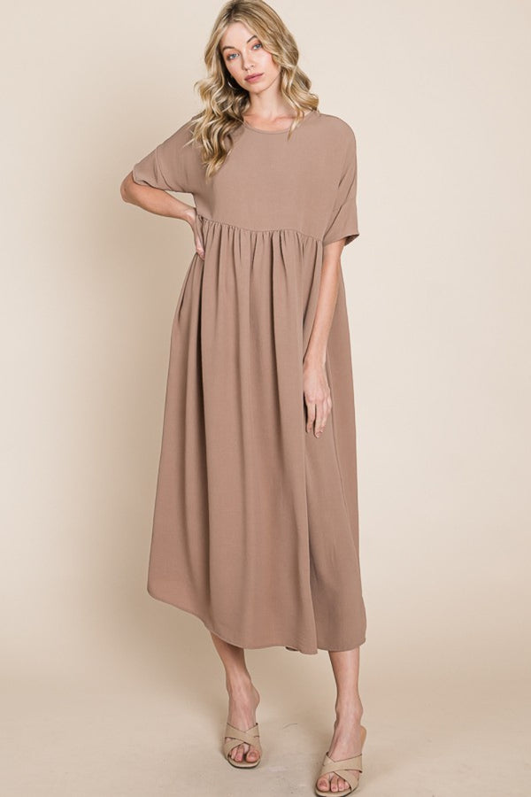 BOMBOM Round Neck Ruched Midi Dress-Teresa's Fashionista LLC
