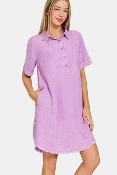 Zenana Washed Linen Raw Hem Dress with Pockets-Teresa's Fashionista LLC