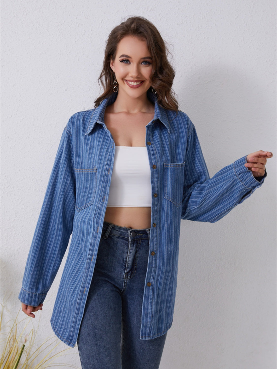 Pocketed Striped Button Up Denim Shirt-Teresa&#39;s Fashionista LLC