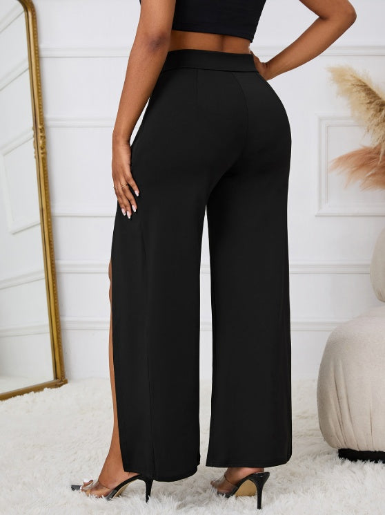 Ladies' Solid Color Belt, Loose Wide Leg Slit, Elegant Straight Leg Pants - Teresa's Fashionista LLC