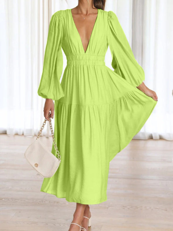 Deep V-Neck Balloon Sleeve Plain Maxi Dress-Teresa's Fashionista LLC
