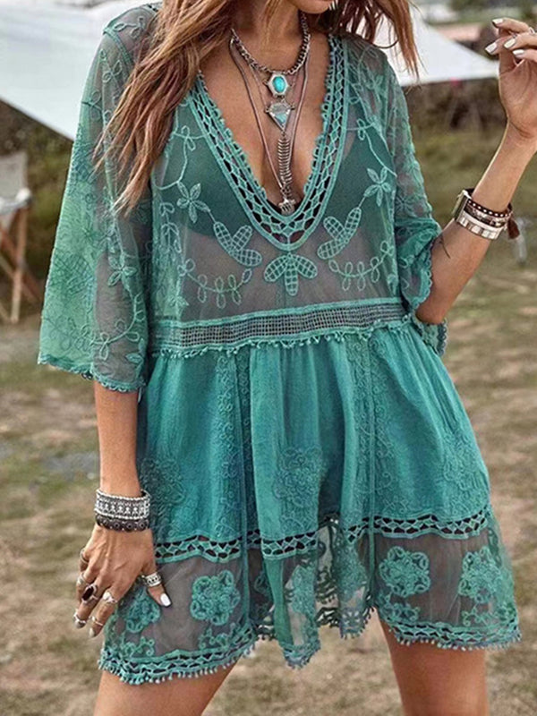 Lace Detail Plunge Cover-Up Dress-Teresa's Fashionista LLC