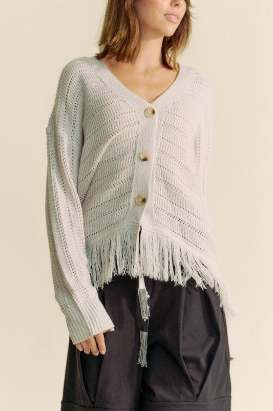 Davi & Dani Fringe V-Neck Button Up Long Sleeve Cardigan - Teresa's Fashionista LLC