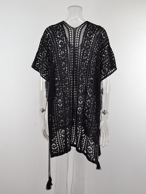 Cutout V-Neck Cover-Up with Tassel-Teresa's Fashionista LLC