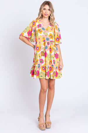 GeeGee Floral V-Neck Ruffle Hem Mini Dress-Teresa's Fashionista LLC