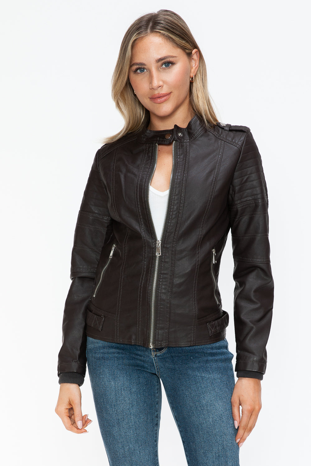 Snobbish PU Leather Biker Jacket with Side Zip Pockets - Teresa's Fashionista LLC