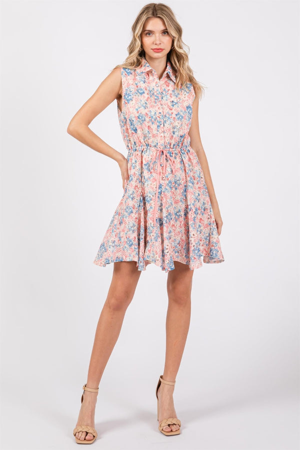 GeeGee Full Size Floral Eyelet Sleeveless Mini Dress-Teresa's Fashionista LLC