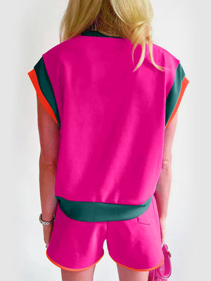 Contrast Round Neck Top and Shorts Set-Teresa's Fashionista LLC