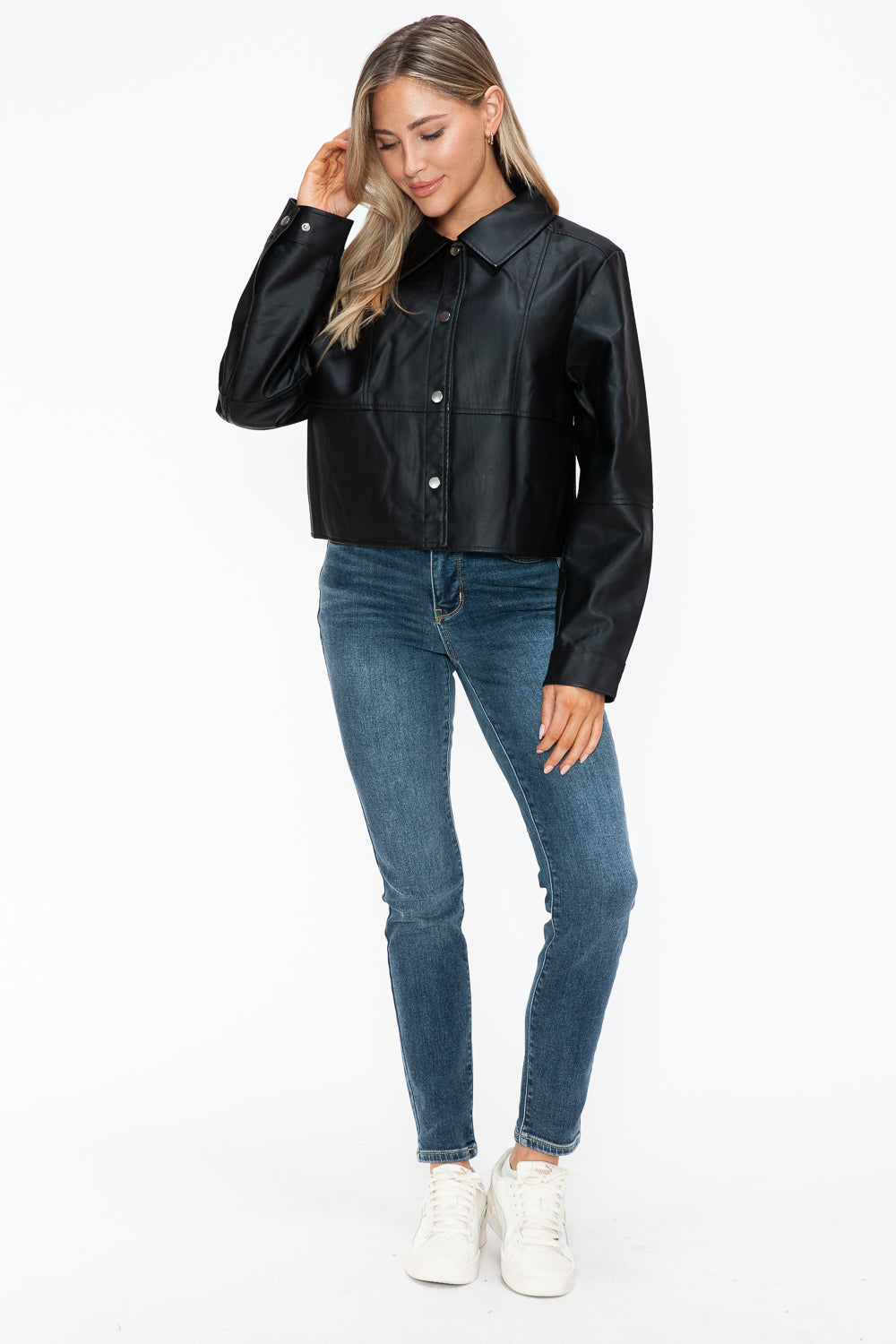 Snobbish Snap Down Long Sleeve PU Leather Jacket - Teresa's Fashionista LLC
