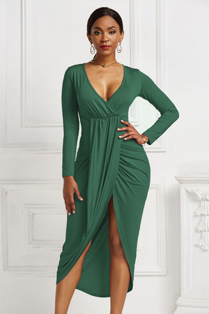 High-low Ruched Surplice Long Sleeve Dress-Teresa's Fashionista LLC