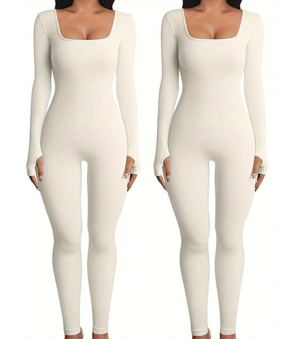 Women's Yoga Sports Fitness Jumpsuit Workout Long Sleeve Square Collar Clothing - Teresa's Fashionista LLC