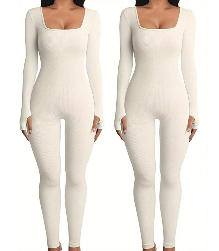 Women's Yoga Sports Fitness Jumpsuit Workout Long Sleeve Square Collar Clothing - Teresa's Fashionista LLC