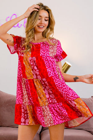BiBi Leopard Short Sleeve Tiered Dress-Teresa's Fashionista LLC
