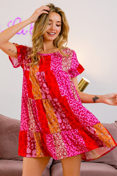 BiBi Leopard Short Sleeve Tiered Dress-Teresa's Fashionista LLC