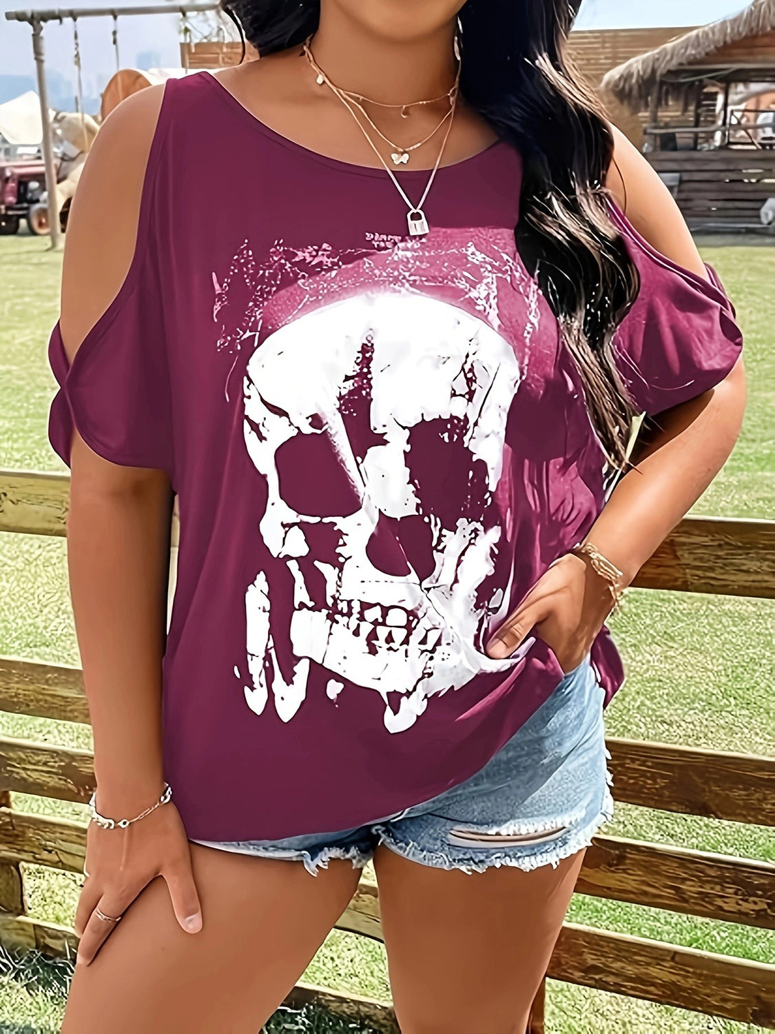 Plus Size Skeleton Graphic Round Neck Cold Shoulder T-Shirt - Teresa's Fashionista LLC