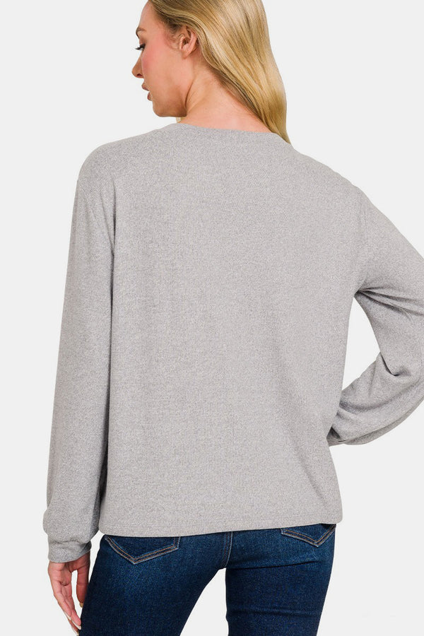 Zenana Hacci Round Neck Long Sleeve T-Shirt - Teresa's Fashionista LLC