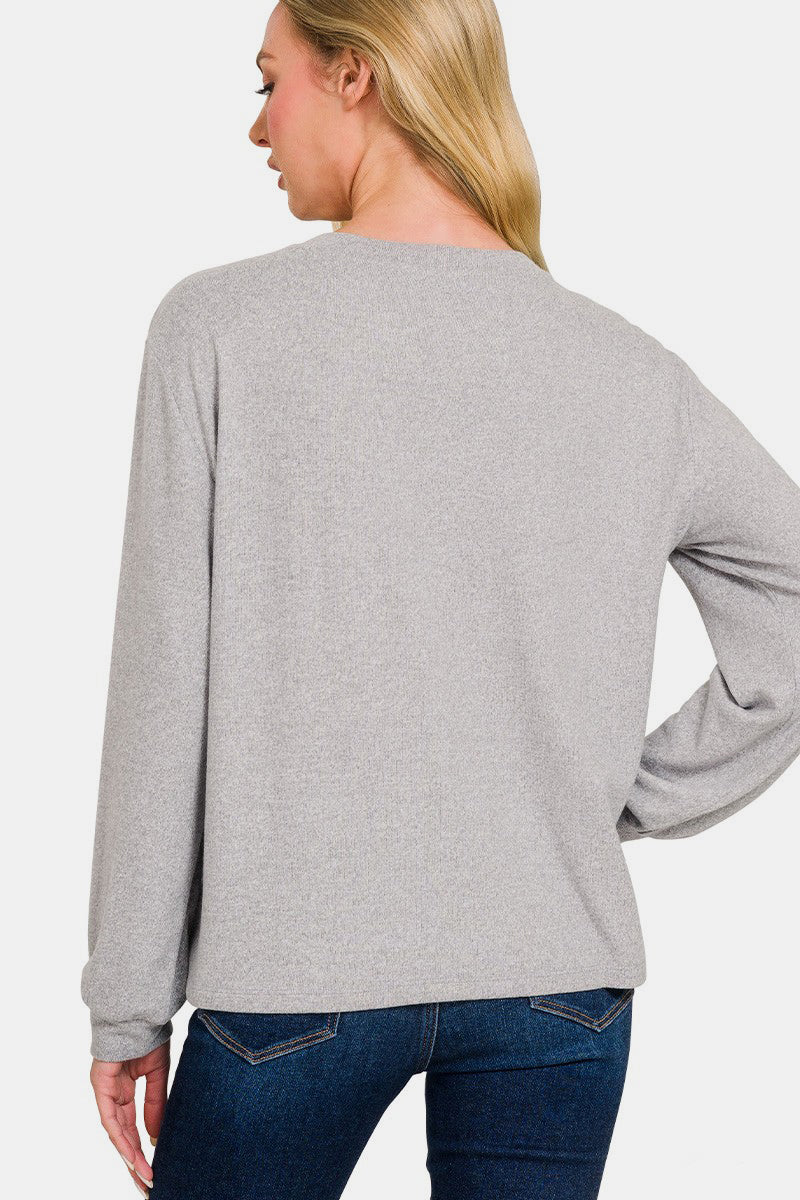 Zenana Hacci Round Neck Long Sleeve T-Shirt - Teresa's Fashionista LLC