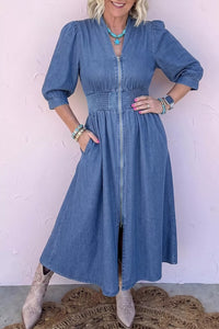 V Neck Shirred Waist Metal Zipper Denim Midi Dress