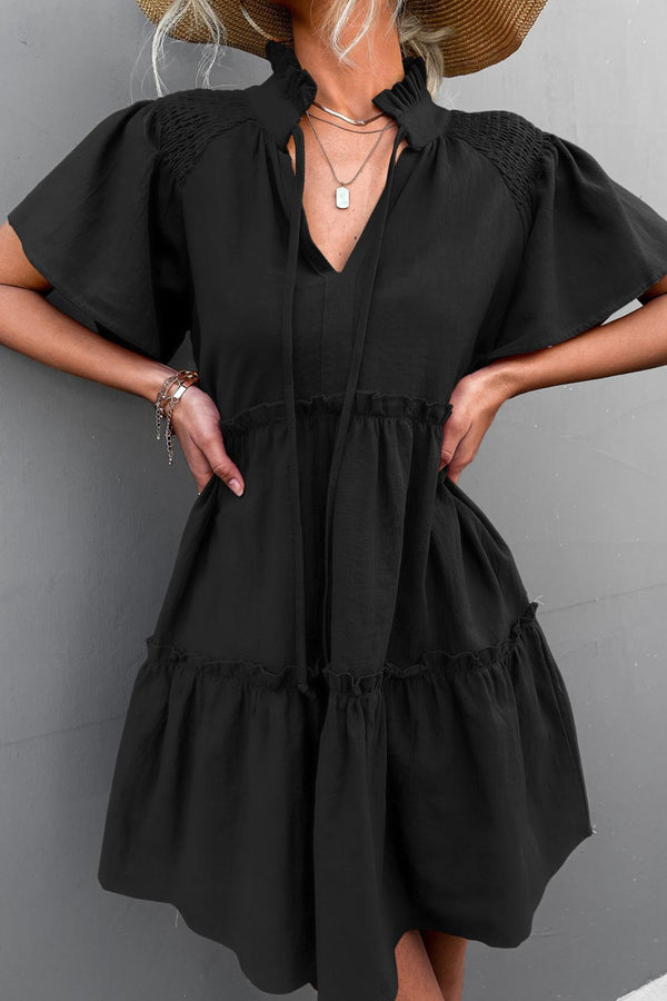 Frill Trim Smocked Tie Neck Dress-Teresa's Fashionista LLC