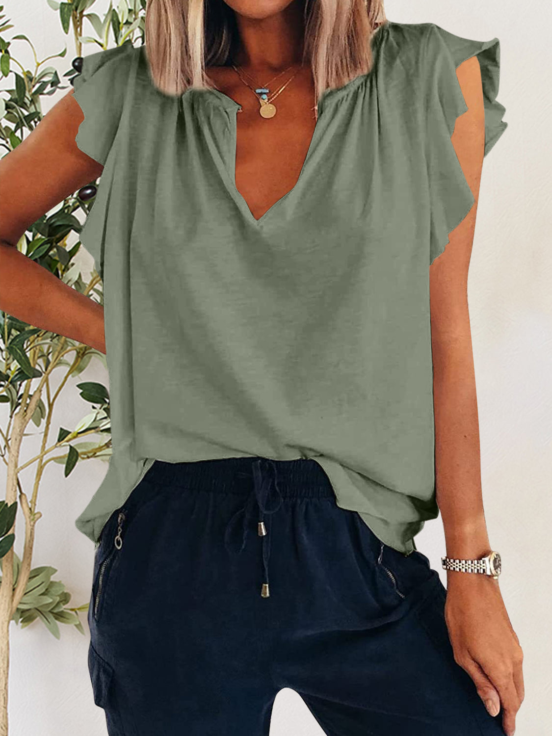 Ruffled Notched Cap Sleeve T-Shirt-Teresa&#39;s Fashionista LLC