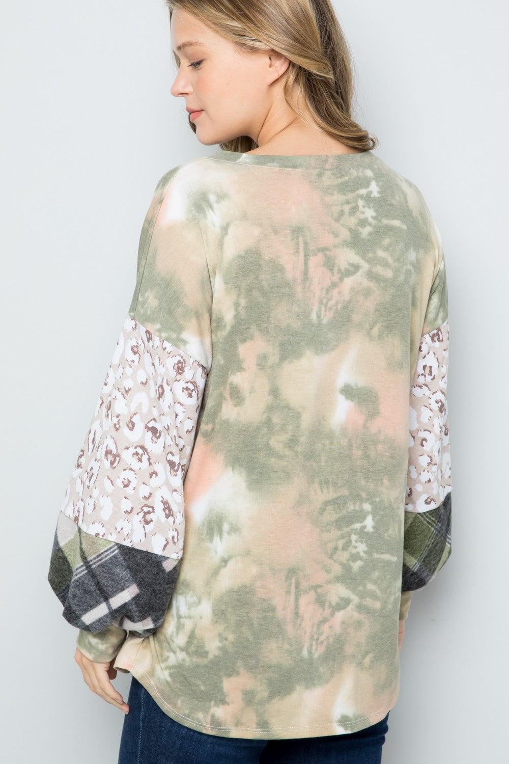 Celeste Full Size Tie-Dye V-Neck Printed Sleeve Blouse - Teresa's Fashionista LLC