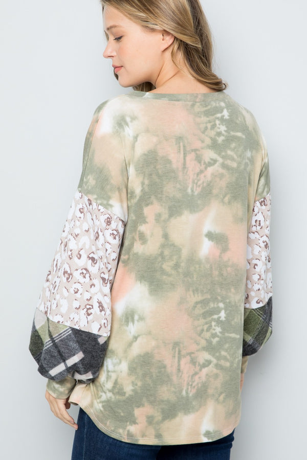 Celeste Full Size Tie-Dye V-Neck Printed Sleeve Blouse - Teresa's Fashionista LLC