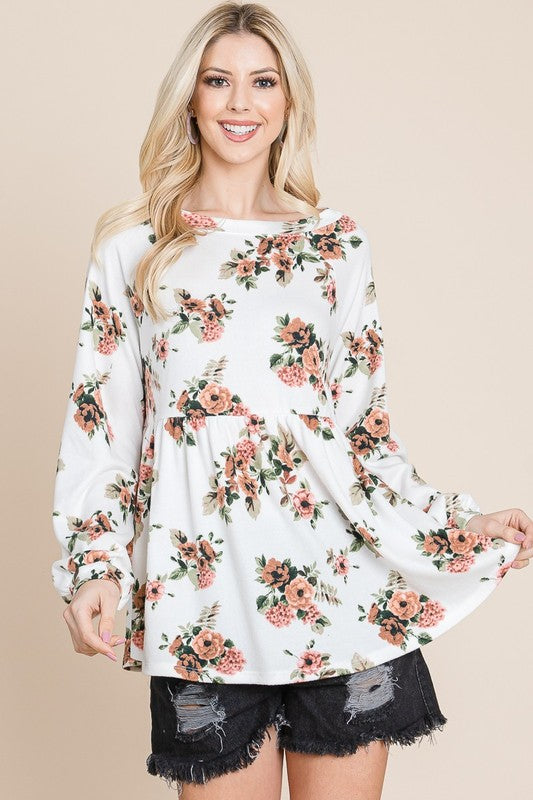 Super Lady Full Size Babydoll Floral Boat Neck Long Sleeve Blouse - Teresa's Fashionista LLC