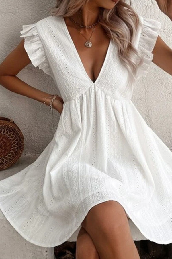 Eyelet Ruffled Cap Sleeve Mini Dress-Teresa's Fashionista LLC