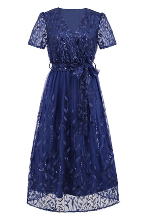 Sequin Leaf Embroidery Tie Front Short Sleeve Dress-Teresa's Fashionista LLC