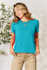 Basic Bae Full Size Round Neck Short Sleeve T-Shirt in turquoise, worn by a model.