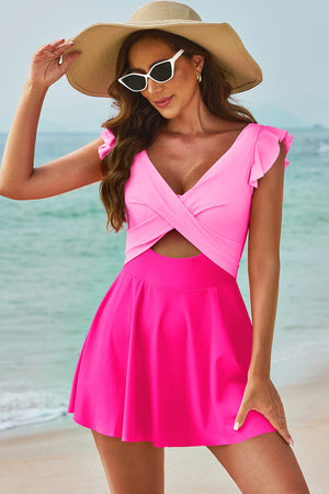 Cutout V-Neck Cap Sleeve One-Piece Swimwear-Teresa's Fashionista LLC