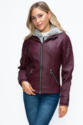 YMI Faux Layered Double-Zipper Jacket with Fuzzy Hood - Teresa's Fashionista LLC