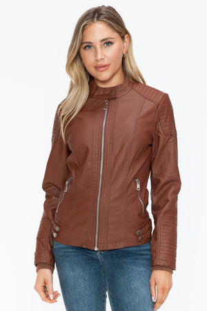 Snobbish Faux Leather Biker Jacket with Side Zip Pockets - Teresa's Fashionista LLC