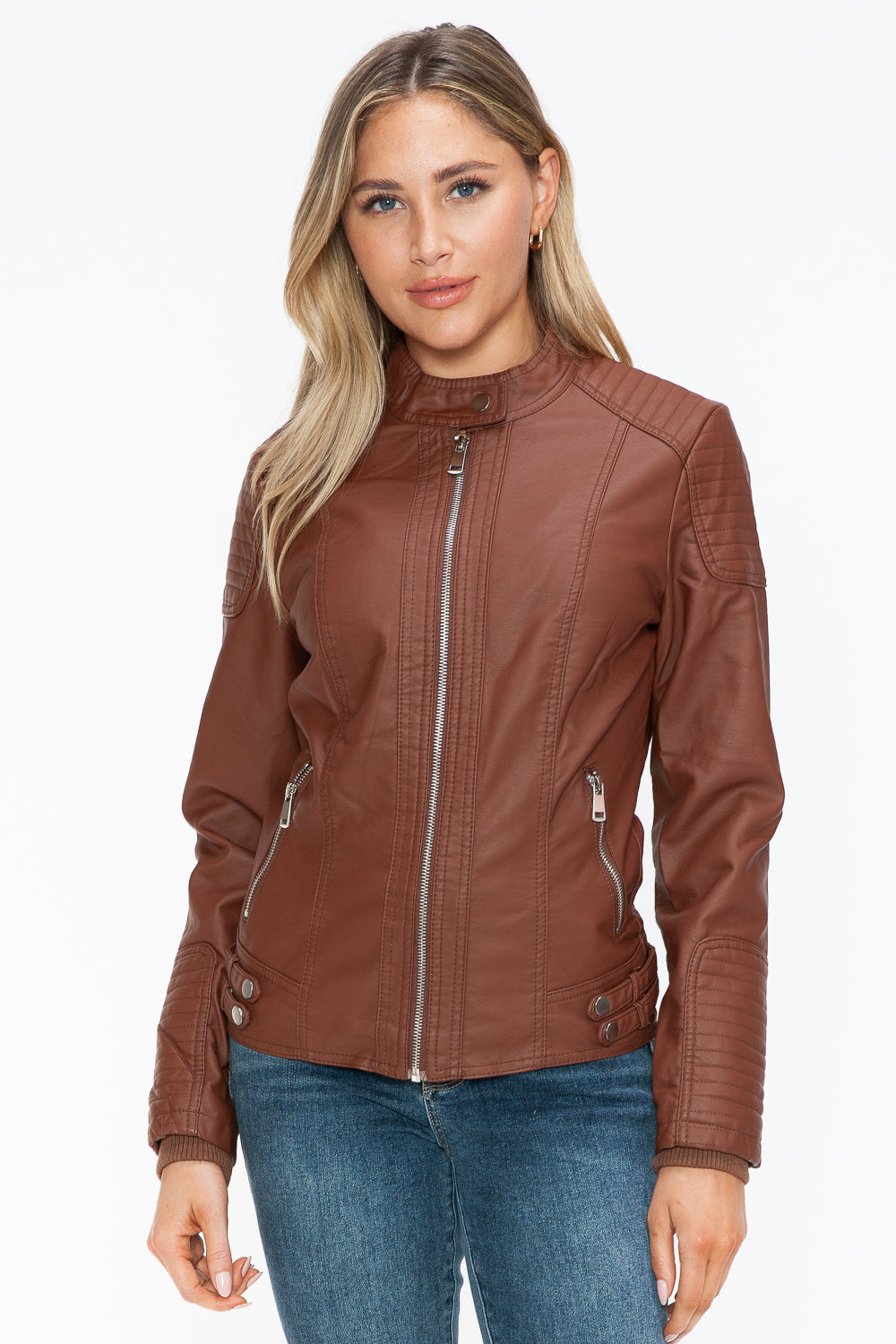 Snobbish Faux Leather Biker Jacket with Side Zip Pockets - Teresa's Fashionista LLC